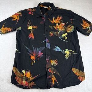Vans Men Button Up Shirt XL Slim Fit Black Floral Flowers Hawaiian Casual